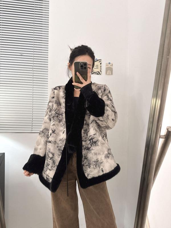厚地の外套 レディース 新中式 ・委スエードクロス 毛革手当たり 水墨画風刷り上げる エコ毛革 Vのど首 中 длинный Китайский стиль