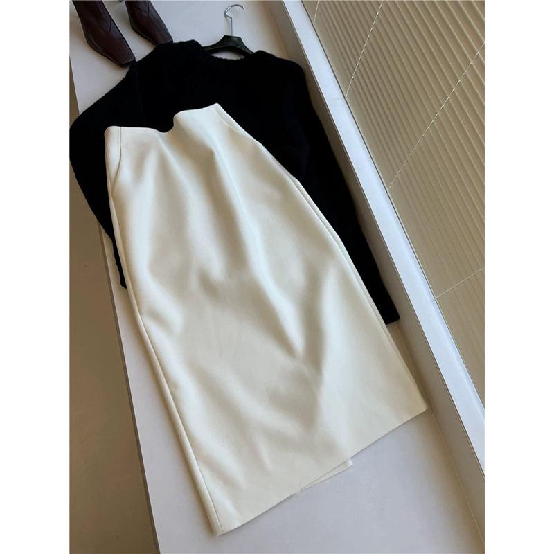 スカート レディース Aライン 膝丈 ミモレ丈 ホワイト ウール 後ろスリット きれいめ 通勤 オフィス 無地 上品 エレガント 高見え|MIRAIYUKI