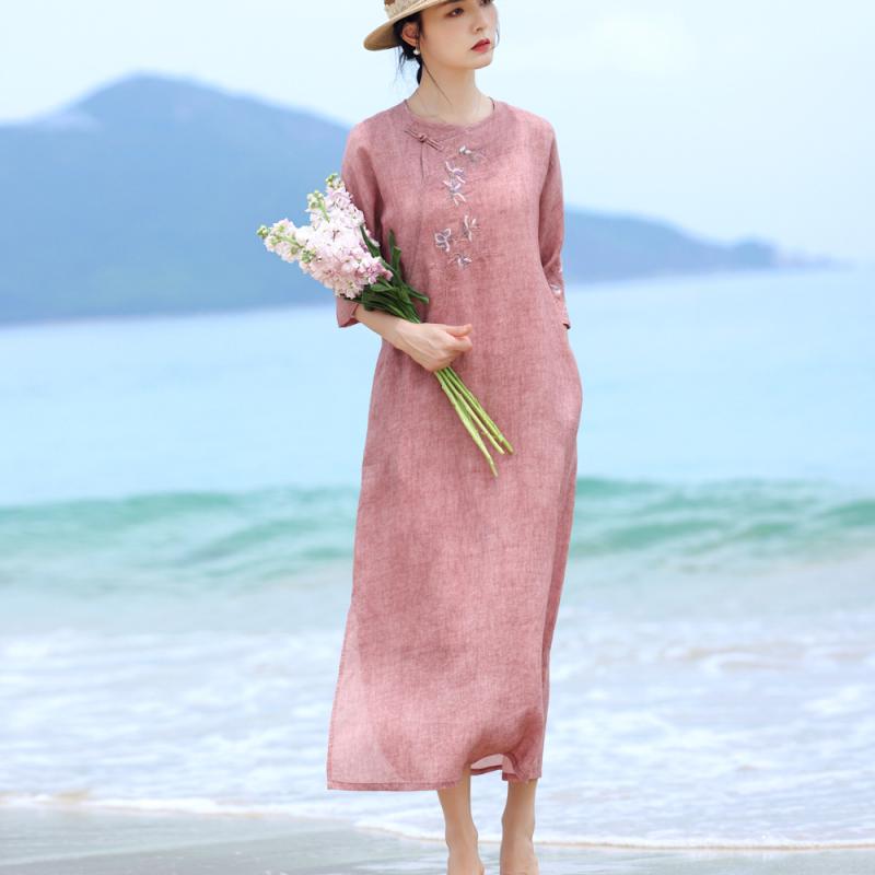 衣装 レディース 春夏 刺しゅう リネン 中丈 レトロ 瀬戸ものお召しもの風 7分袖 丸首 麻 象牙色