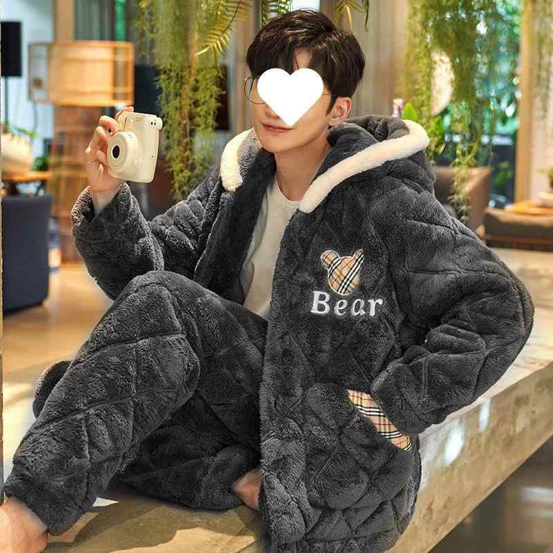 パジャマ メンズ 成人男性用 冬 ボンネット付き添い人 極厚 朦々たる 三層社会システム 中綿入り口・入口 サンゴフリース 綿ネル 裏起毛 保温 防寒 お座敷御召しもの 寝巻き 上下書き割り