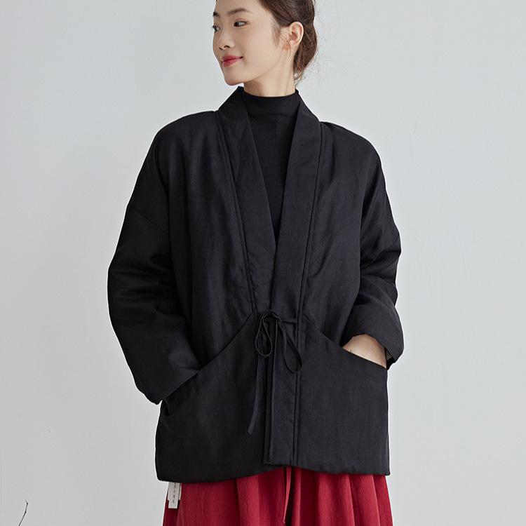 綿入れ [種族名] レディース 和風 Vのど首 ゆったり 麻 綿 落っこちる肩先 秋冬 黒 カルメ焼 紫