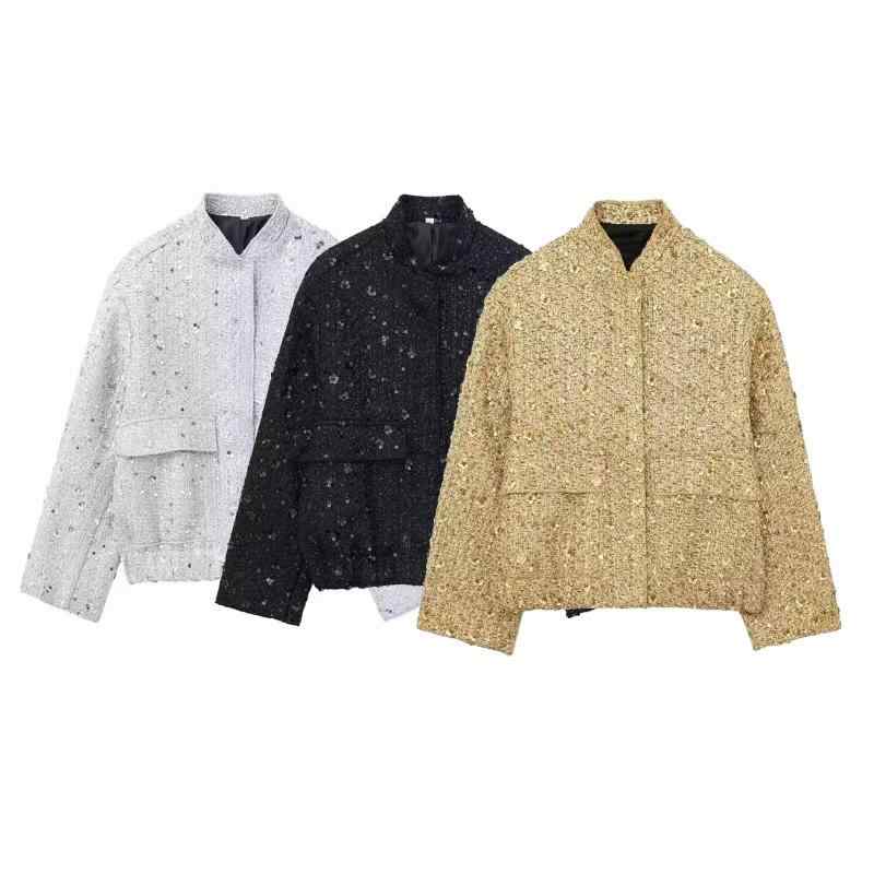 上衣 レディース 春物 風  スパンコール Vのど首 長袖 アウター トップス 表どおり表現スタイル しろがね色 ゴールド 黒いこと