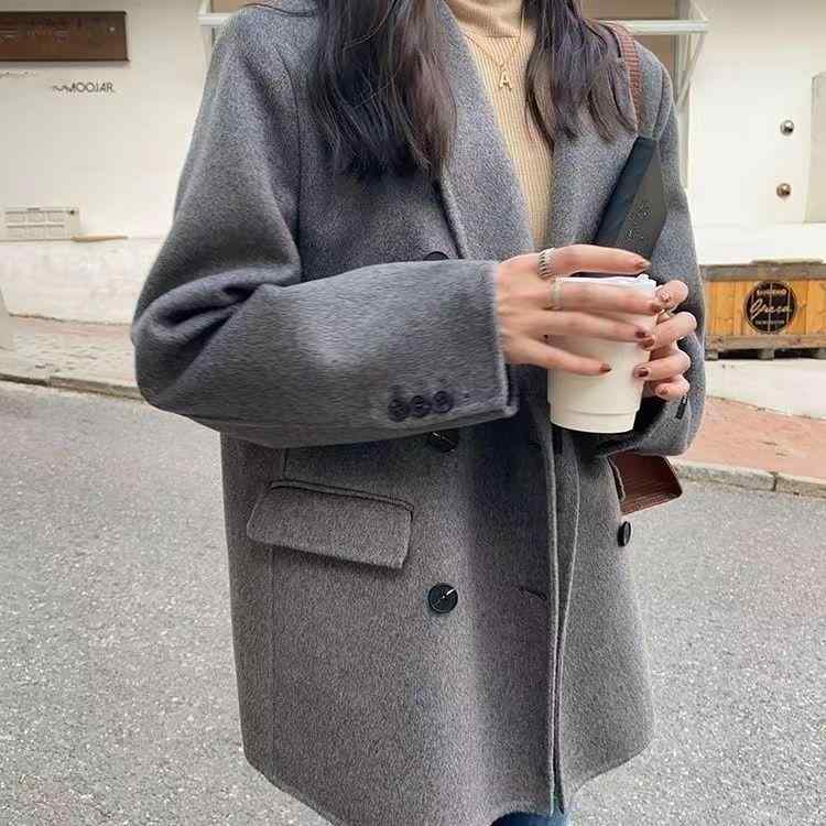 厚地の外套 レディース 羊毛厚地の外套 ダブル人間の顔 テーラード 秋冬 朦々たる ゆったり 通い 真っただ中丈 薄墨色 白 黒