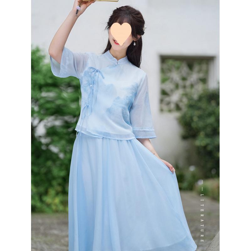 瀬戸ものお召しもの レディース 唐装 2点仕掛ける ポリエステル 中華風 墨絵柄 レトロ 普段使い