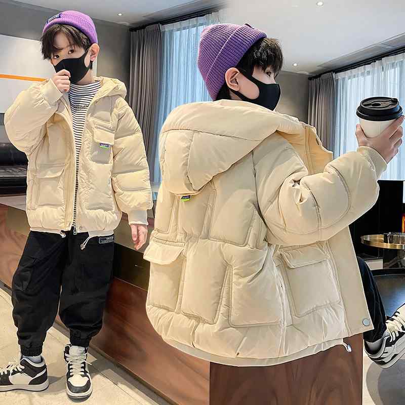 ちびっ子服 ボーイズ 中綿上衣 アウター 秋冬 中綿 厚地の外套 防寒 生あたたかい ボンネット付き添い人 綿織物 ゆったり 朦々たる 無地 韓国 黒いこと 象牙色