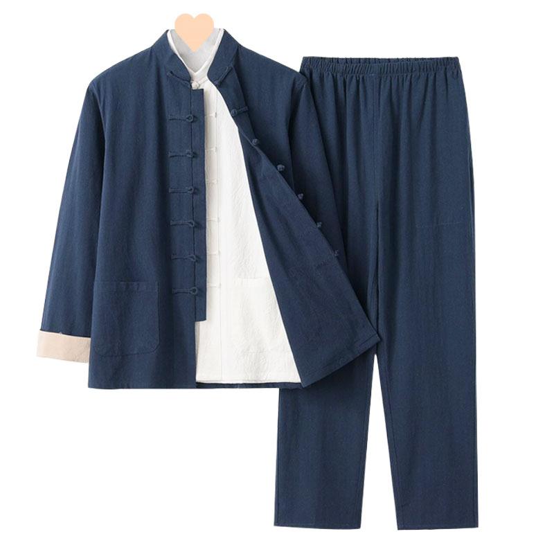 漢服 メンズ 綿麻 綿織物リネン 長袖 唐装 瀬戸もの服 オリエンタル今めかしい スリー天下太平 3点書き割り レトロ 思い入れる 居士服 伸び伸びする御召しもの 雅びやか 心地よい