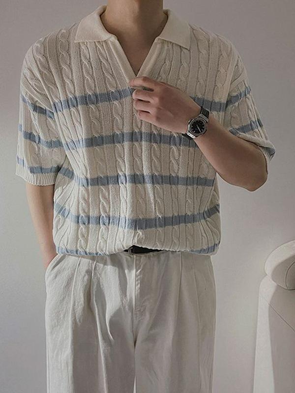 メンズ Tシャツ 短袖 綿 麻花条紋 ニット 夏 ゆったり 翻領 半袖 韓系 老?風 情?上衣 白 ロテン底? 免? 休? 若者|MIRAIYUKI