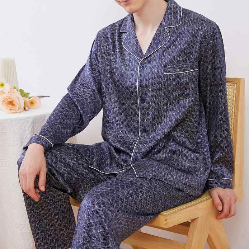 パジャマ メンズ 成人男性用 地絹 絹 100% 桑蚕地絹 上下仕かける 長袖 長ズボン下 開襟 襟付き添い人 刷り上げる柄 透け透け 薄べったい 通気性 好いたらしい 御部屋御召しもの 御部屋着 途轍も無い大きさ ゆったり 御膳上等感