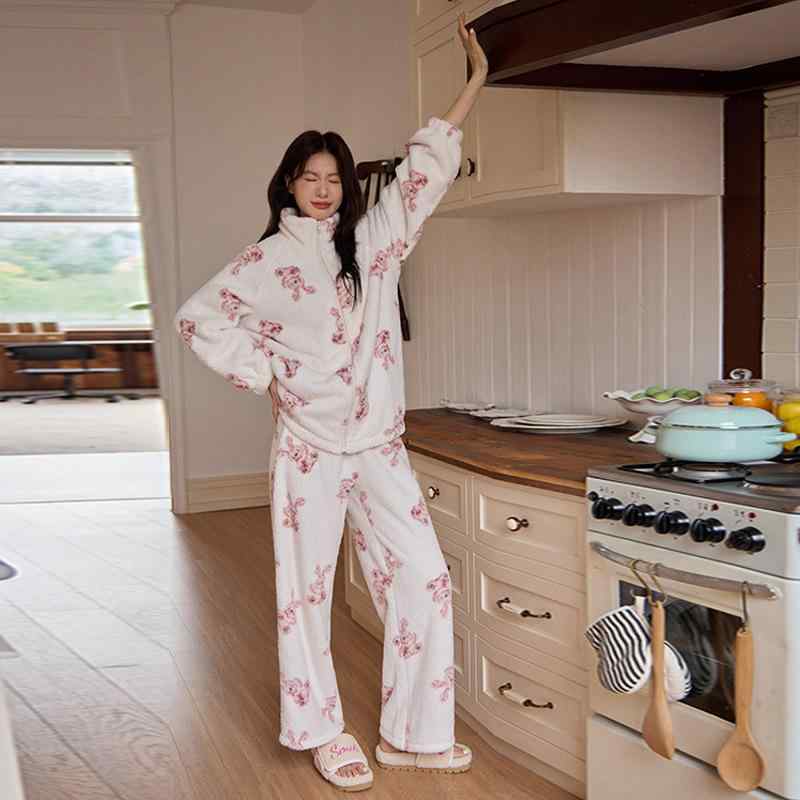 パジャマ レディース 秋冬 綿ネル 朦々たる 保温 あったか もこもこ うさぎ 家兎 ジップアップ ジレー 上下仕掛ける セットアップ 愛くるしげ キュート シンプルカジュアル お部屋お召しもの お部屋着 長そで 長ズボン 照明ランプ色合い