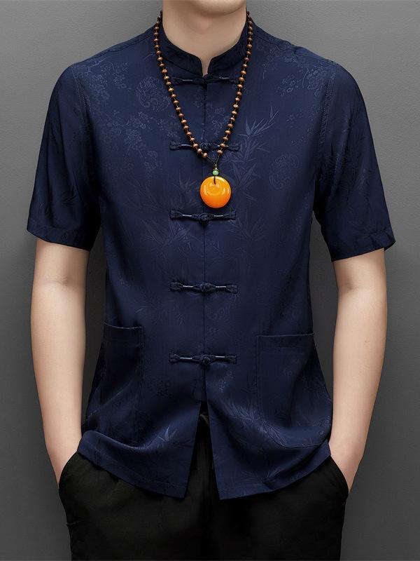 プルオーバー 成人男性用 瀬戸もの風 刷り上げる柄 半袖 トップス Stand collar ポリエステル 赤いこと 深藍色 黒いこと