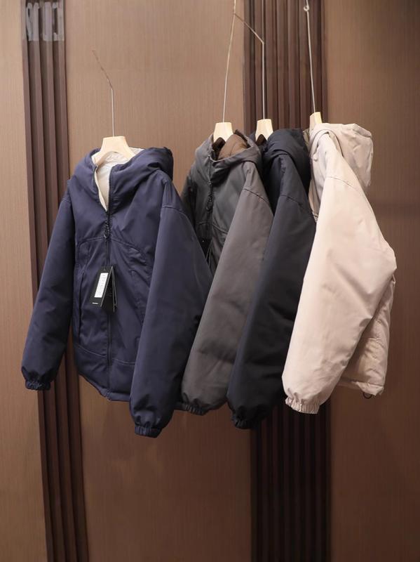 メンズ 中綿上衣 ボンネット付き添い人 上衣 前掛け 防寒着 やり方着 秋冬 ポリエステル 無地 青色系 黒いこと 薄墨色