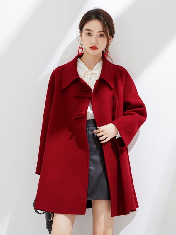 ウールコート レディース 女性用 秋冬 ダブルフェイス 厚手 ケープ ポンチョ ミドル丈 中国風 チャイナボタン ドールカラー レトロモダン 上品 エイジレス 体型カバー ボルドー ブラック｜MIRAIYUKI