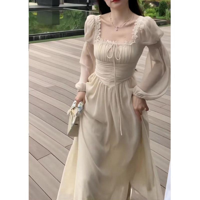 衣裳 レディース 杏色 パフ衣袂 真四角のど首 A伝達ルート 酉の方角シェイプ 中丈 MIDI丈 太陽フレア レトロ 愛くるしい 女子らしい 御洒落 雅びやか 雅びやか 中国風