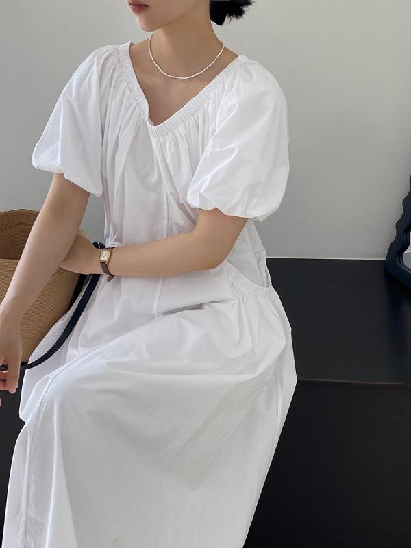 衣裳 レディース Vのど首 泡袖 A伝達ルート ロング丈 ゆったり 綿織物 春夏 半袖 パフ衣袂 女子らしい 愛くるしい 白いこと 青碧 さくら色