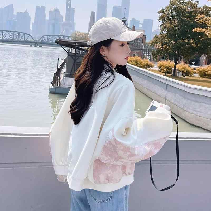 上衣 レディース 刺しゅう ベイスボール服風 アウター 日月物 ポリエステル 乳汁白いこと ゆったり 長袖 ラウンドのど首