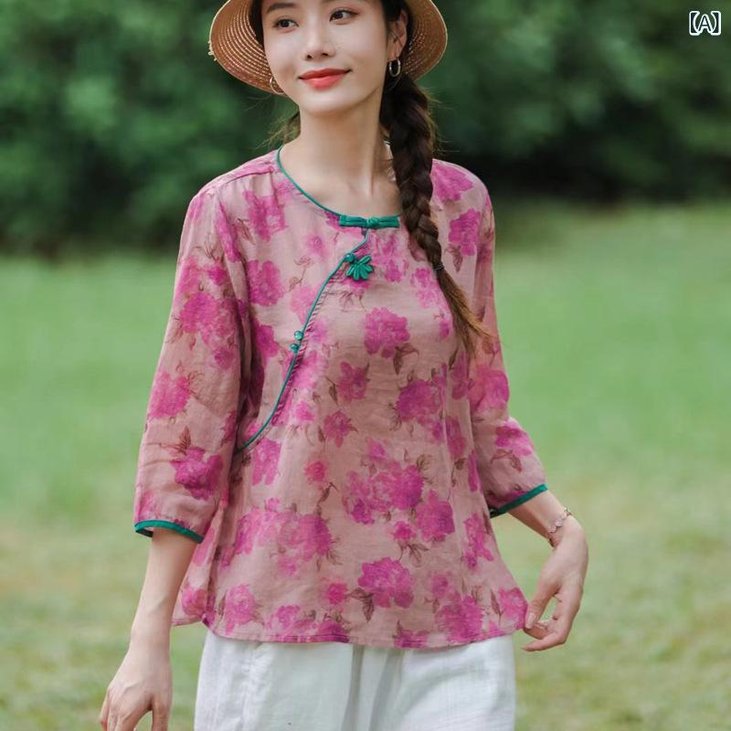 ティーシャツ レディース 春夏 七分袖 花柄 苧麻 ゆったり 小衫 瀬戸もの風 飾りつけ名取り草 馬鹿でかい大いさ 読みもの風3