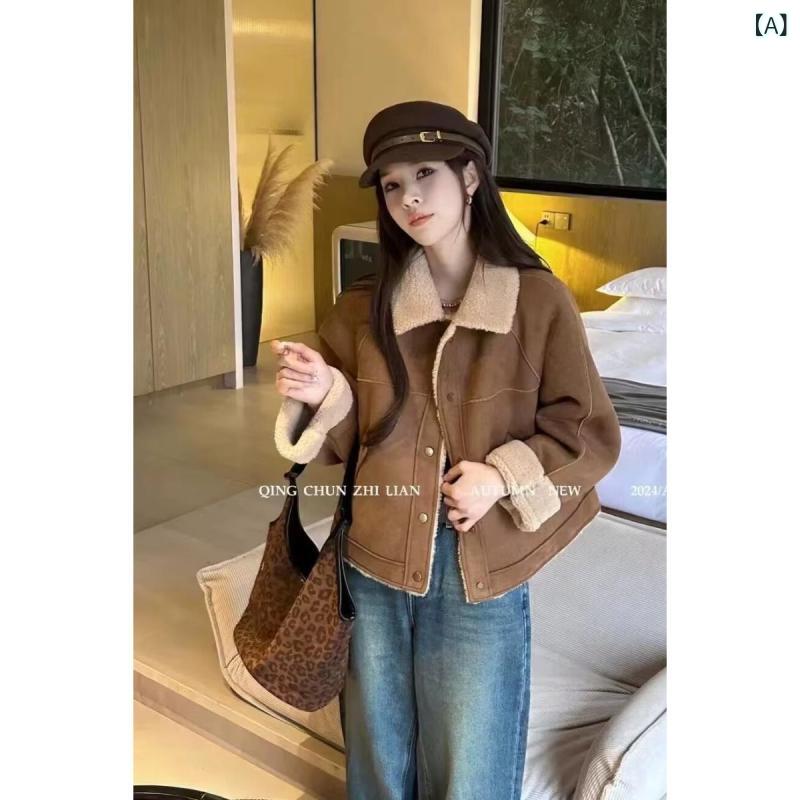 上衣 レディース 秋冬 スエードクロス シープボア レトロ 色彩設計 小っちゃい ゆったり大きさ M L XL カーキ さくら色 赤銅色系
