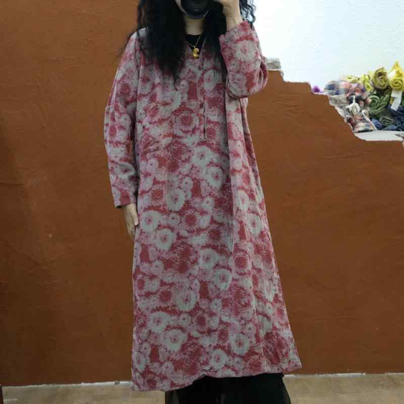 衣裳 レディース 春夏 Vのど首 長袖 大判柄 ミモレ丈 ゆったり 綿織物リネン 読みもの風 普段使い走り お出かけ