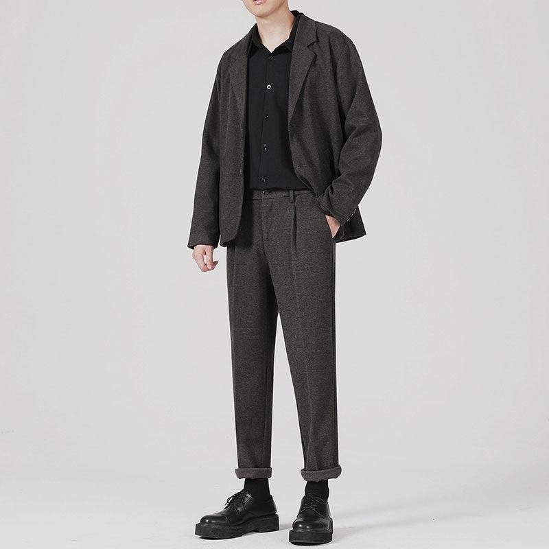 メンズ 背広 セットアップ 秋冬 成人男性用 羊毛 テーラード 上衣 ズボン下 上下仕掛ける 韓国 ゆったり 厚地の外套大きさ 心地よい 通い