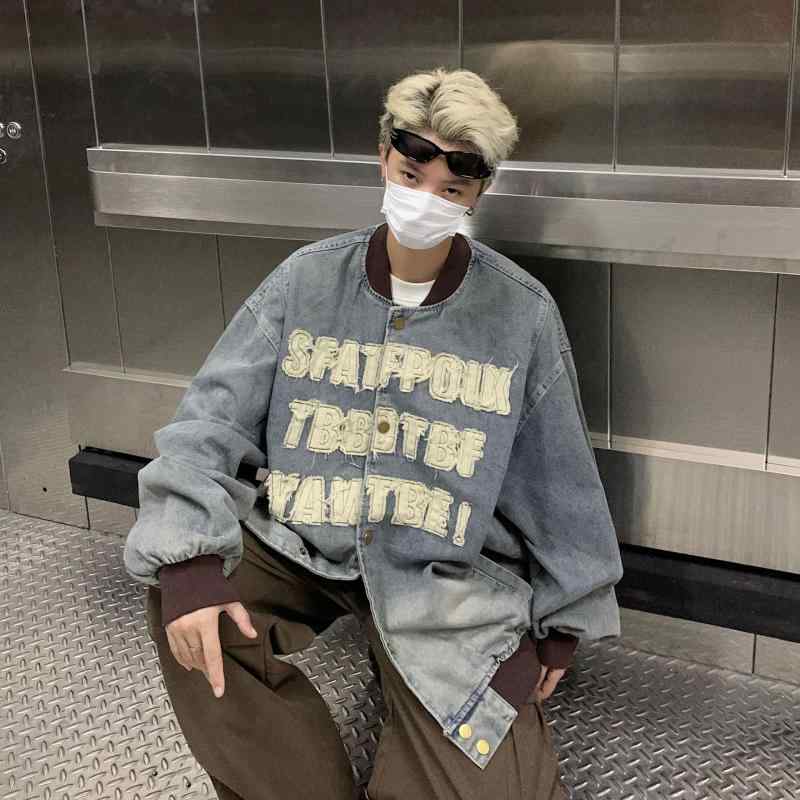 ジャケット 男性用 デニム ウォッシュ加工 Gジャン ブルゾン 立襟 コットン 春秋 カジュアル ゆったり オーバーサイズ ブルー3｜MIRAIYUKI