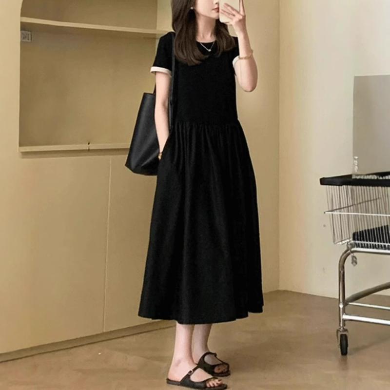 衣裳 レディース 黒 高見せかけ 半袖 A伝達ルート ロング衣裳 膝下丈 ゆったり大きさ 春夏 心地よい 好いたらしいめ 今めかしい 着痩せ成り行き 体型取りまかなう 旅する 会う約束 普段使い