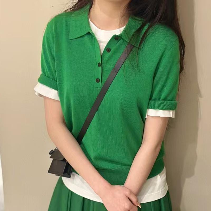 スポーツシャツ レディース 春夏 半袖 無地 綿織物 襟付き添い人 トップス 通い 心地よい 今めかしい 愛くるしい 緑であること 薄墨色