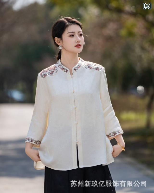 プルオーバー レディース 新中式 国風 刺しゅう 綿 繻子 提花 照明ランプ色つや トップ ゆったり トップス 読みもの返り咲き 開襟 七分袖 常規袖3