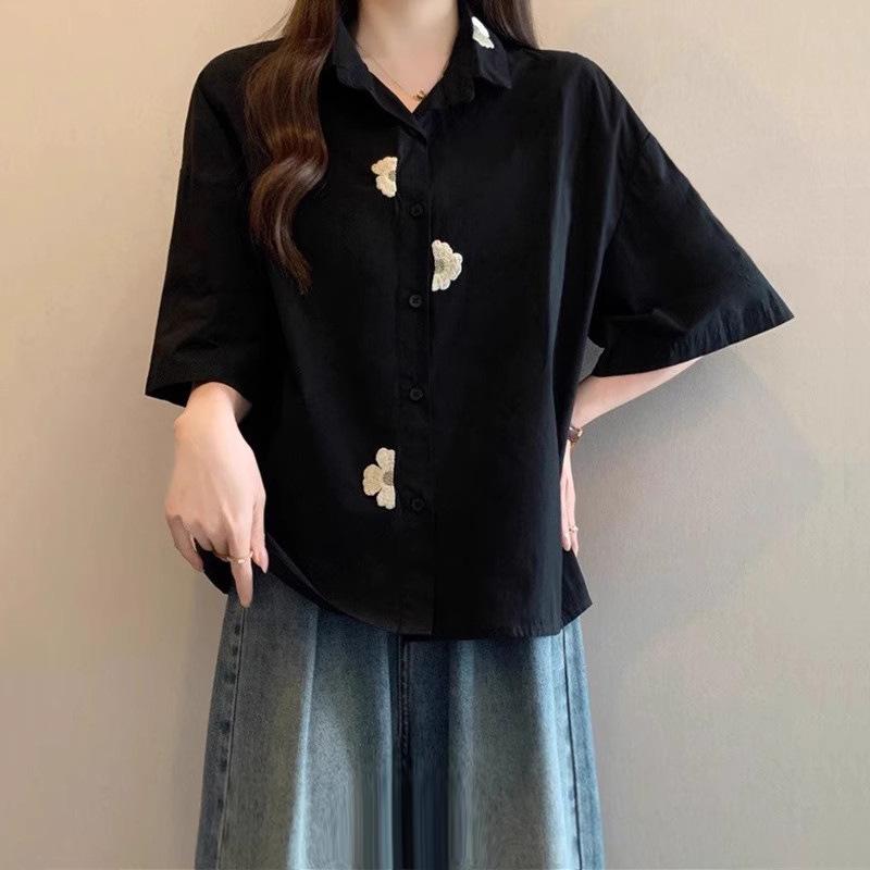 プルオーバー レディース 半袖 刺しゅう 花柄 黒いこと系 気が大きい大きさ ゆったり 体型押しかぶせる トップス 春夏