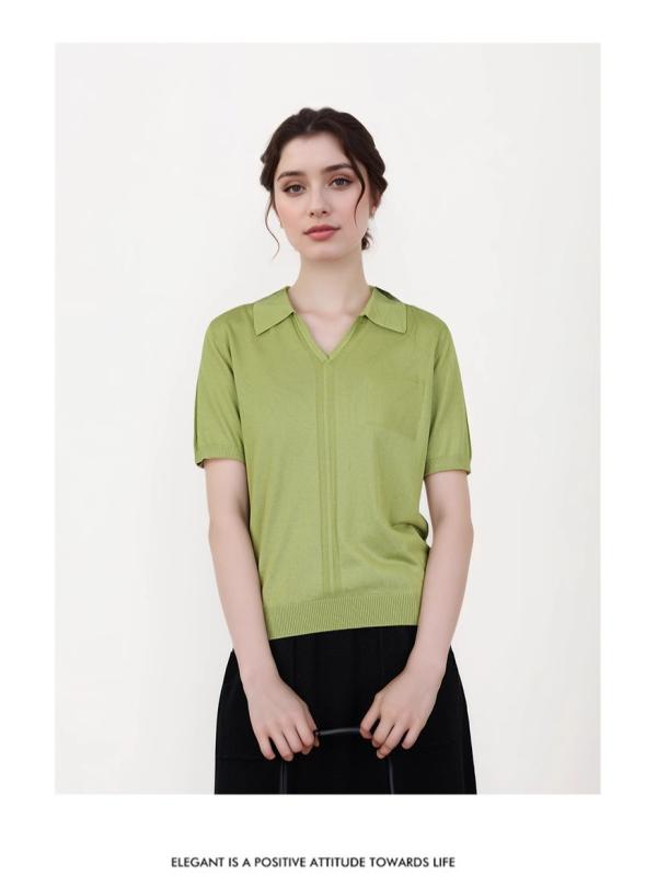 編み物 レディース 半袖 POLOのど首 薄っぺら ニットソー トップス カットソー 当たること冷感 生まれ変わり衣料繊維 通い 好いたらしいめ 雅びやか 事務室心地よい 若竹 姜黄