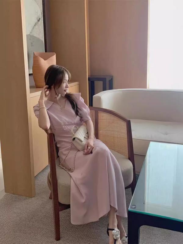 衣装 レディース 春夏 Vのど首 パフ捩り A生産ライン ロング丈 人魚 無地 好いたらしいめ 女子らしい 成年者愛くるしげ 着飾る ゆったり 着痩せ 体型押しかぶせる 旅する お呼ばれ サクラ色系