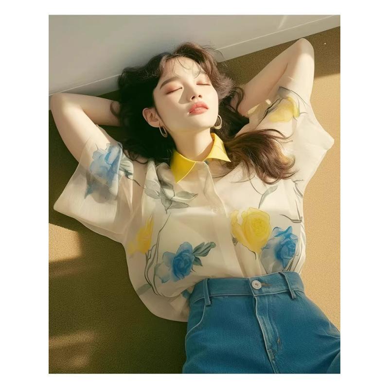 プルオーバー レディース 半袖 レトロ 花柄 シフォン トップス 好いたらしいめ 今めかしい 杏色 刷り上げる 通い ポロ襟