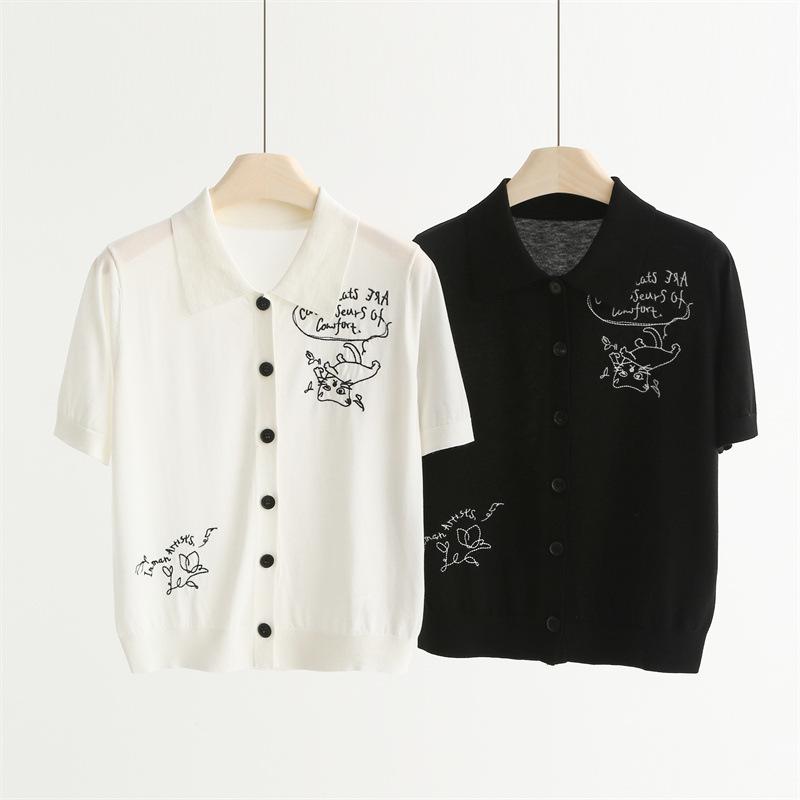 ニット レディース 春夏 薄手 刺繍 猫 ポロネック 半袖 ウール トップス やせ見え 通勤 オフィスカジュアル 黒 白3｜MIRAIYUKI