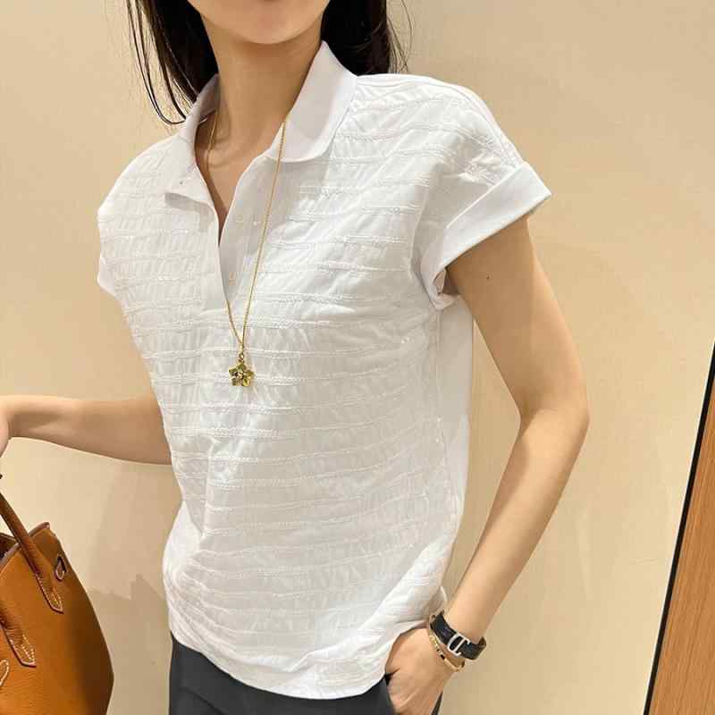 スポーツシャツ レディース 半袖 薄っぺら 小襟 通い トップス 綿 ジャカード 白 好いたらしいめ 雅びやか 事務室心地好い3