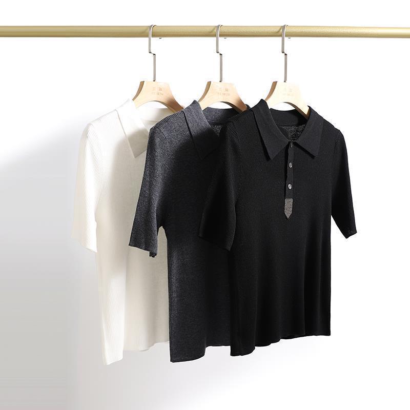 編み物 レディース 春夏 薄っぺら 編み物スポーツシャツ 5分袖 羊毛 トップス ?珠 チェーン店飾りつけ 肋筋編み 無地 ティーシャツ M L 深灰 白 黒 ?色 心地よい 好いたらしいめ