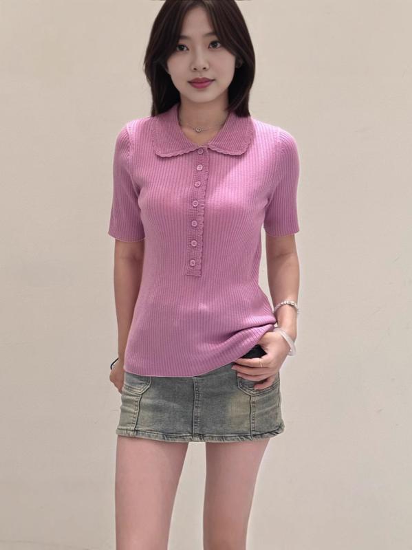 編み物 レディース 絨毛 かぎ針編み POLO襟 半袖 トップス ティーシャツ レトロ フレンチ表現スタイル カットソー 通勤着 事務室御召しもの 好いたらしいめ 雅びやか 薄っぺら 春夏