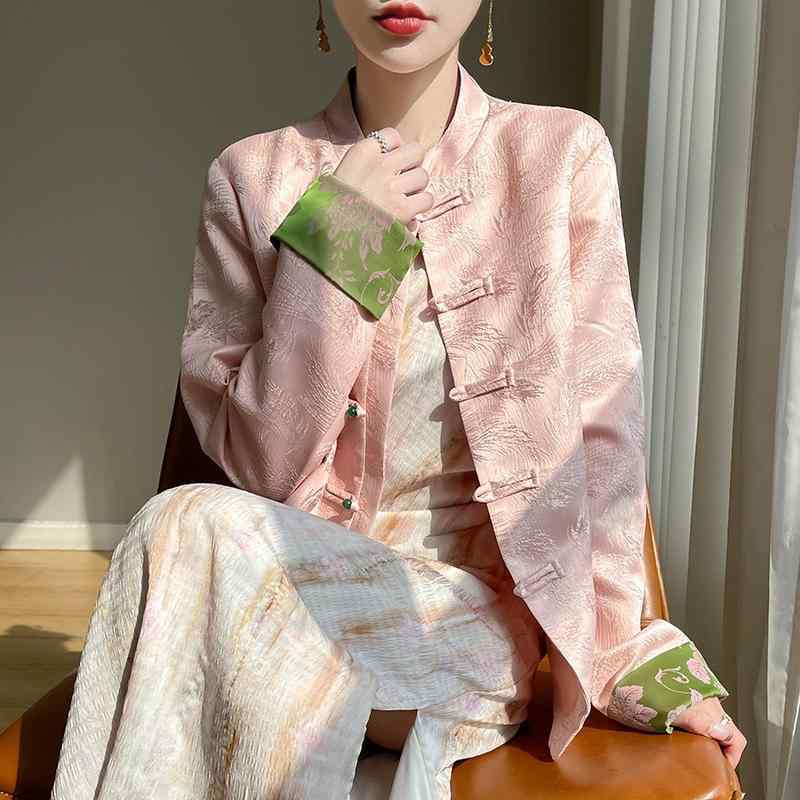 プルオーバー レディース 春夏 立襟 繻子 提花 トップ トップス 中国風 ゆったり 長袖 花柄 さくら色系 黒いこと 三鞭酒ゴールド 読みもの返り咲き 瀬戸もの表現スタイル