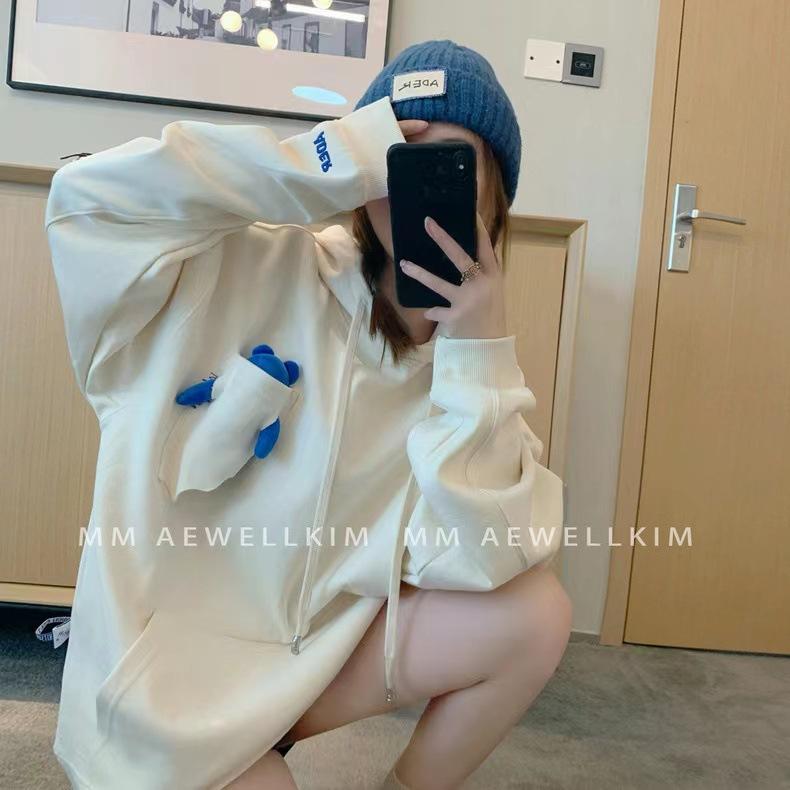 パーカー レディース ゆったり 愛くるしげ 3D 小熊 アップリケ 秋冬 長袖 落っこちる肩先 トップス 心地好い 御部屋着 綿 朦朦たる 薄墨色 象牙色 黒いこと
