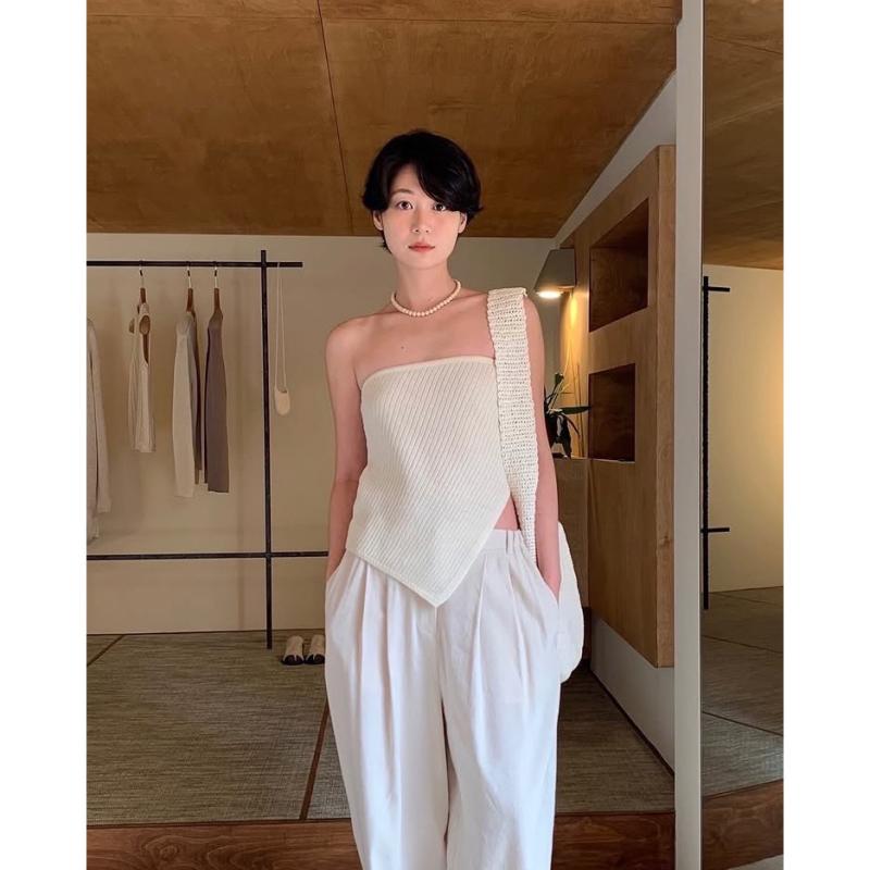 貯蔵タンクとっ始め レディース 2025 春夏 韓国 デザイナーズ 絞り染め 不規則さ 非対称 熱電子管とっ始め 綿 ノースリーブ トップス 象牙色 濃灰色薄墨色3
