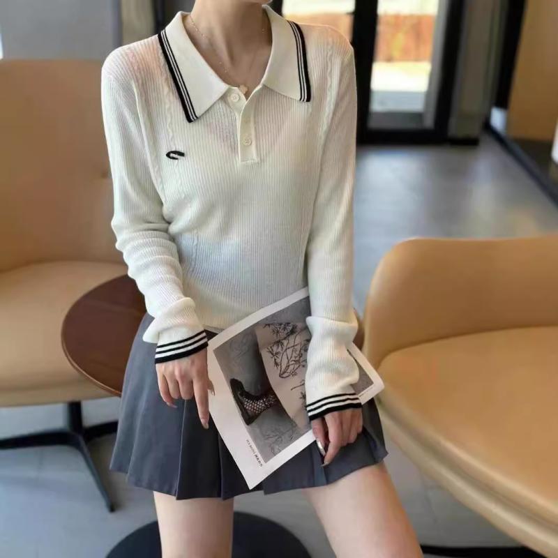 編み物 レディース 早秋 POLOのど首 トップス 長袖 ティーシャツ 翰林院風 ゆったり 藏藍 薄墨色 白いこと