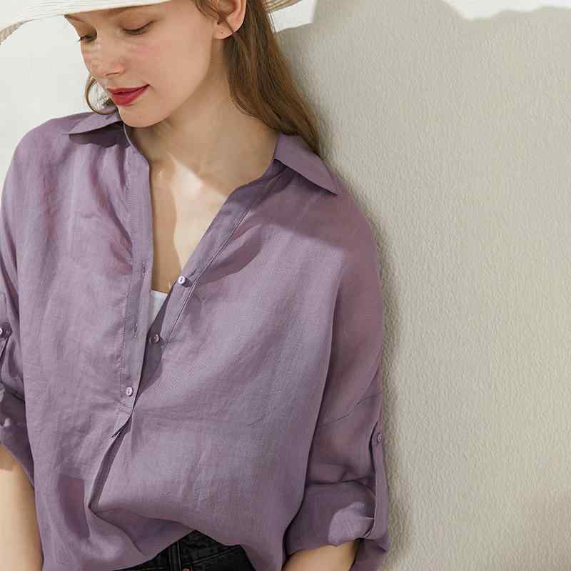 プルオーバー レディース 薄っぺら ?麻 トップス トップ 長袖 襟付き添い人 無地 ゆったり 通い 事務室 心地よい 赤 紫 緑