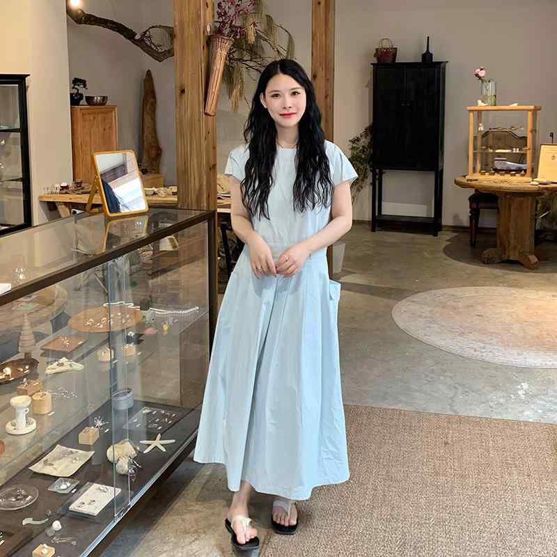 衣裳 レディース 半袖 膝下丈 ラウンドのど首 無地 綿織物 高腰 A伝達ルート ゆったり 愛くるしい 韓国 心地よい 春夏 青碧 白いこと 緑であること