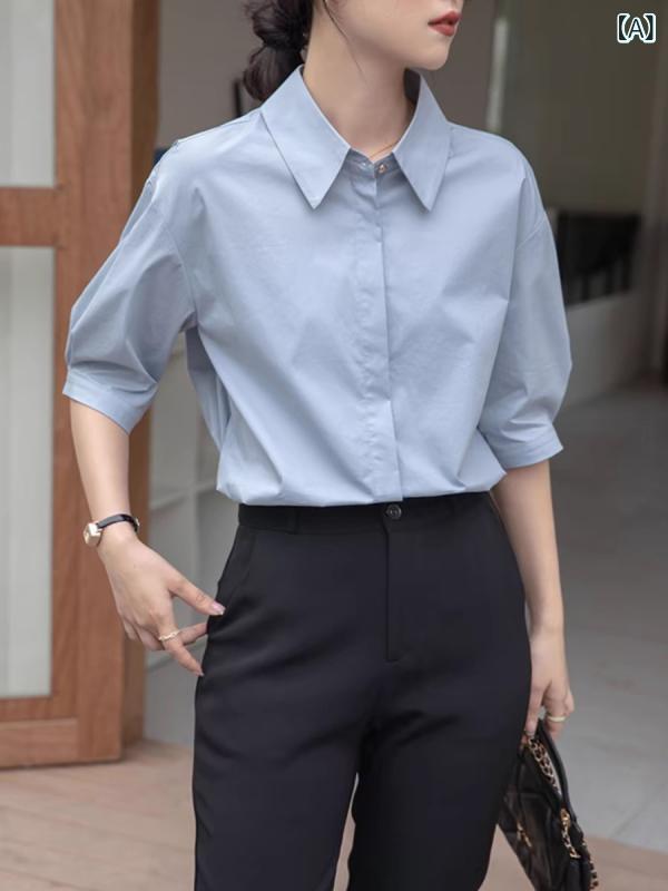 プルオーバー レディース 半袖 綿織物 執務室 心地よい トップス 韓国 白 うつり変わり ポロ襟 通い 通学 普段使い走り 当たること冷感3