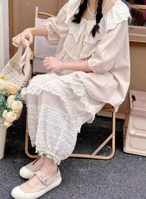 プルオーバー レディース 森お嬢さん トップス 半袖 綿織物リネン トップ 幾何学学飾りつけ 杏色 淡さくら色 ゆったり 襟付き添い人 前開き3