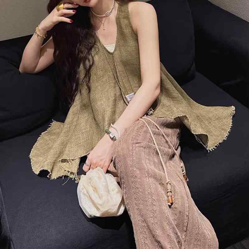 より良い レディース 麻 リネン ノースリーブ トップス 絞り染め 非対称 ヘムライン ゆったり 当たること冷感 好いたらしい 通勤着
