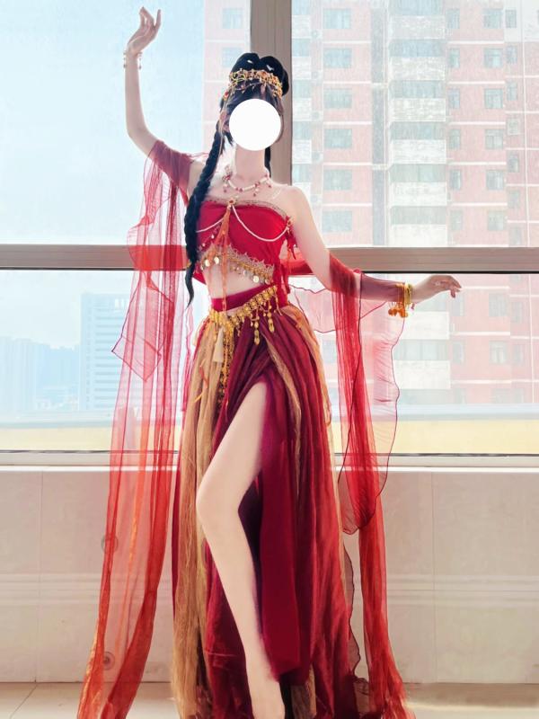 瀬戸ものお召しもの レディース 民族踊りお召しもの 敦煌 飛天 公主 アジアン エスニック 漢服 社交ダンス お召しもの お召しもの 上下仕掛ける 肩かけ ?帯 スコート 3点仕掛ける 木ノ実社交ダンス 読み合わせる着 一こまお召しもの