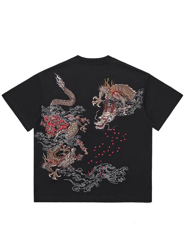 ティーシャツ メンズ 半袖 中国風 飛龍 刺しゅう 綿織物 落っこちる肩先 ゆったり トップス 普段使い走り デイリー 黒いこと