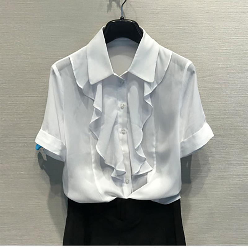 プルオーバー レディース 半袖 荷葉 フラウンス 襟付き添い人 ポリエステル トップ トップス 事務室 心地よい 無地 通勤着 普段使い走り 白 黒 緑 赤3