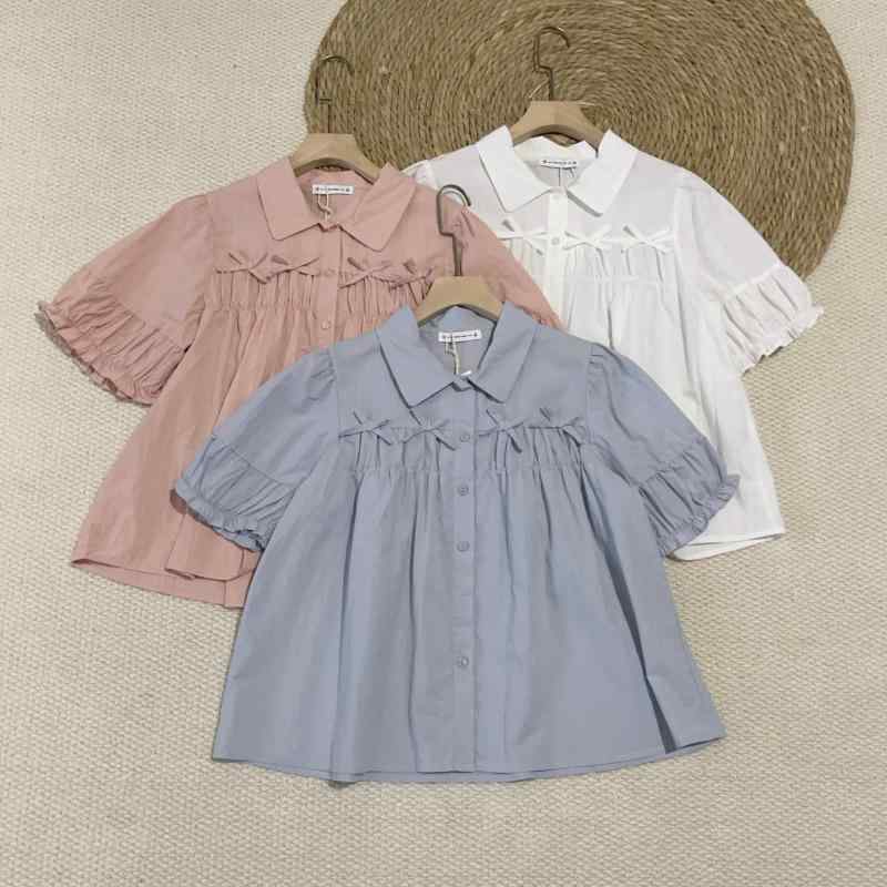 プルオーバー レディース 半袖 綿織物 リボン結び パフ捩り ゆったり 愛くるしげ トップス トップ 春夏 サクラ色系 青色 白いこと3
