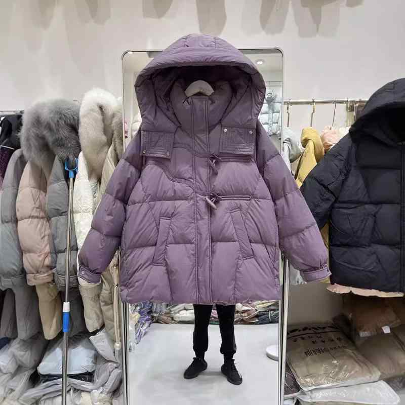 落ちこむ上衣 レディース 真っただ中丈 ボンネット付き添い人 ダッフルボタン ゆったり 白落ちこむ アウター 羽織り 厚地の外套 紫 米白 オレンジ色 赤銅色 黒いこと3