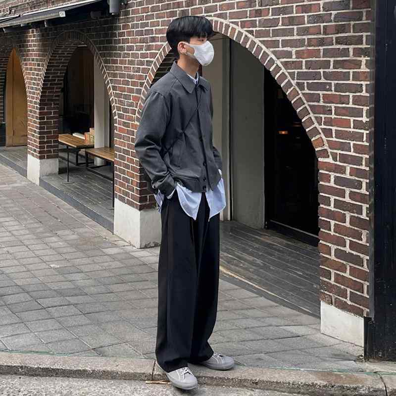ジャケット メンズ 男性用 春秋 韓国 ゆったり カジュアル トップス アウター グレー ポリエステル 長袖 襟付き｜MIRAIYUKI